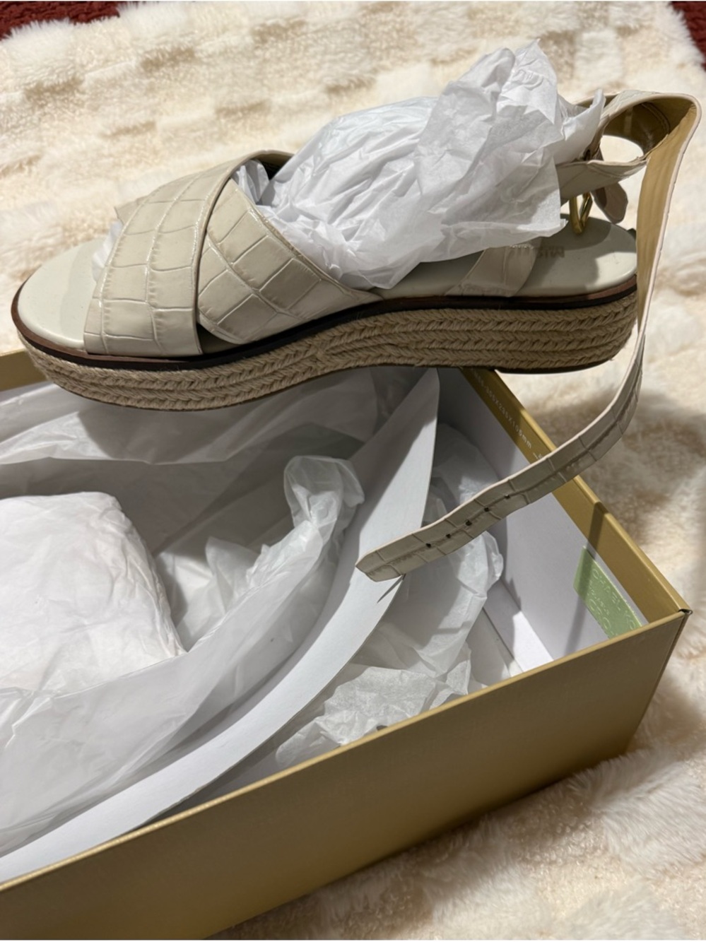 NWT Michael Kors Abbott Espadrille Platform Sandals Cream Croc Embossed Size 9 - Picture 6 of 10